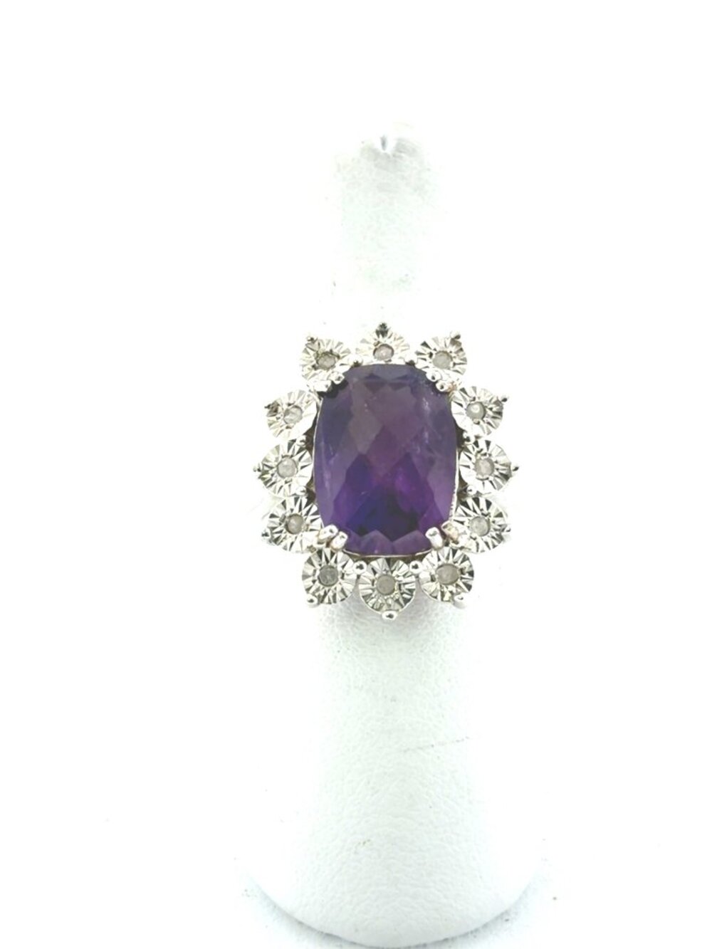 Sterling silver amythest and diamond ring